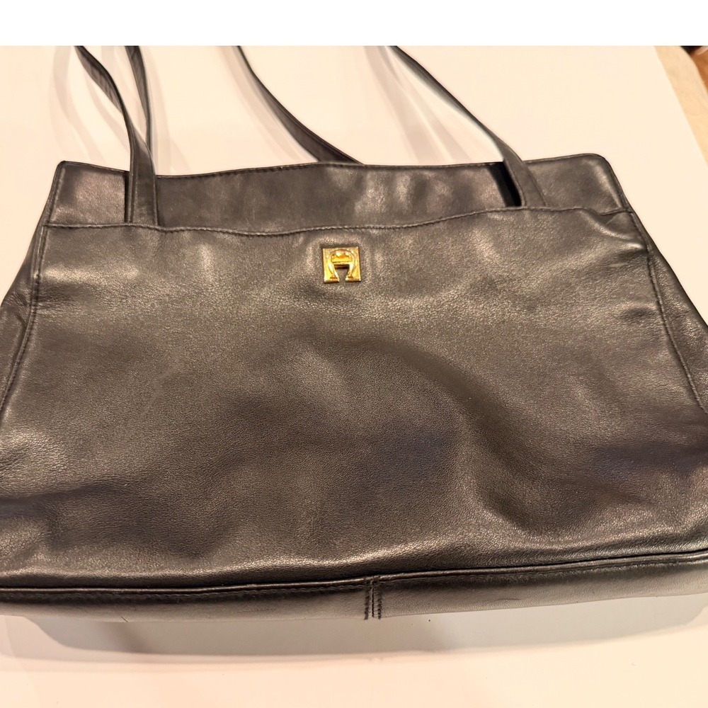 Vintage Etienne Aigner Black Leather Tote Bag Minimalist Shoulder Purse